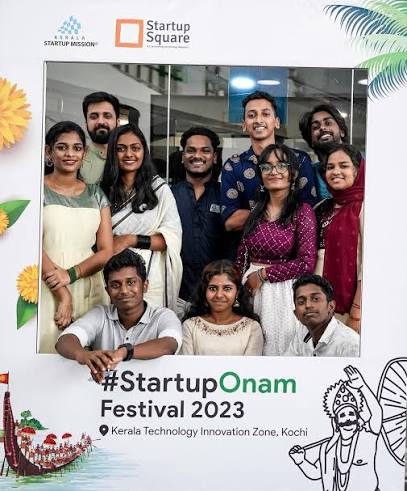 Startup teams at the #StartupOnam Festival 2023 photo frame.